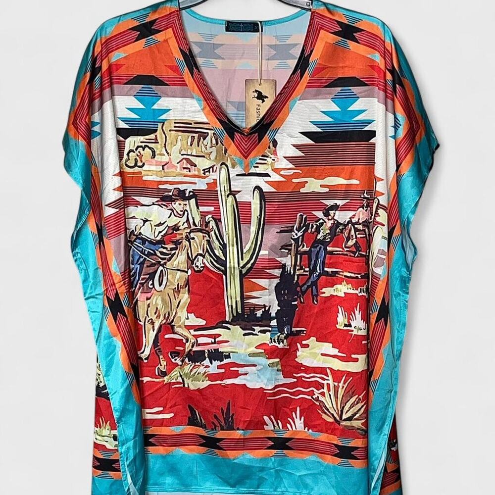 Multi-Colored Western Cowboy Desert Oversized Sleeveless Graphic Top - Size S/M